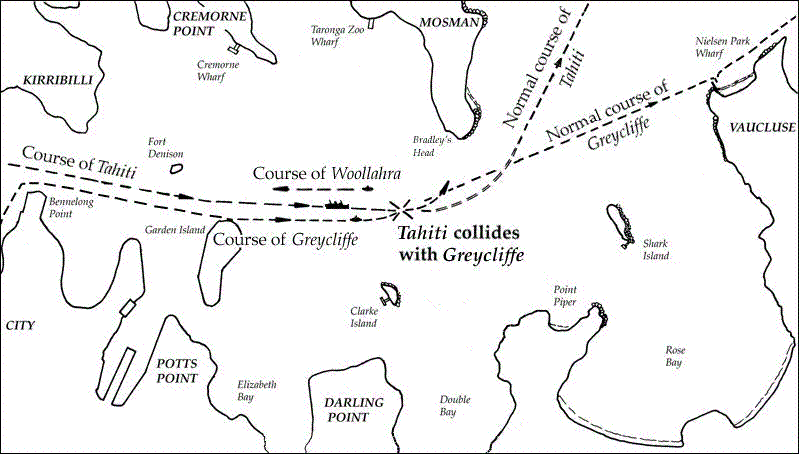 harbourmap Diagram of the harbour, showing the paths of the two vessels on 3 November 1927 - © John Brew