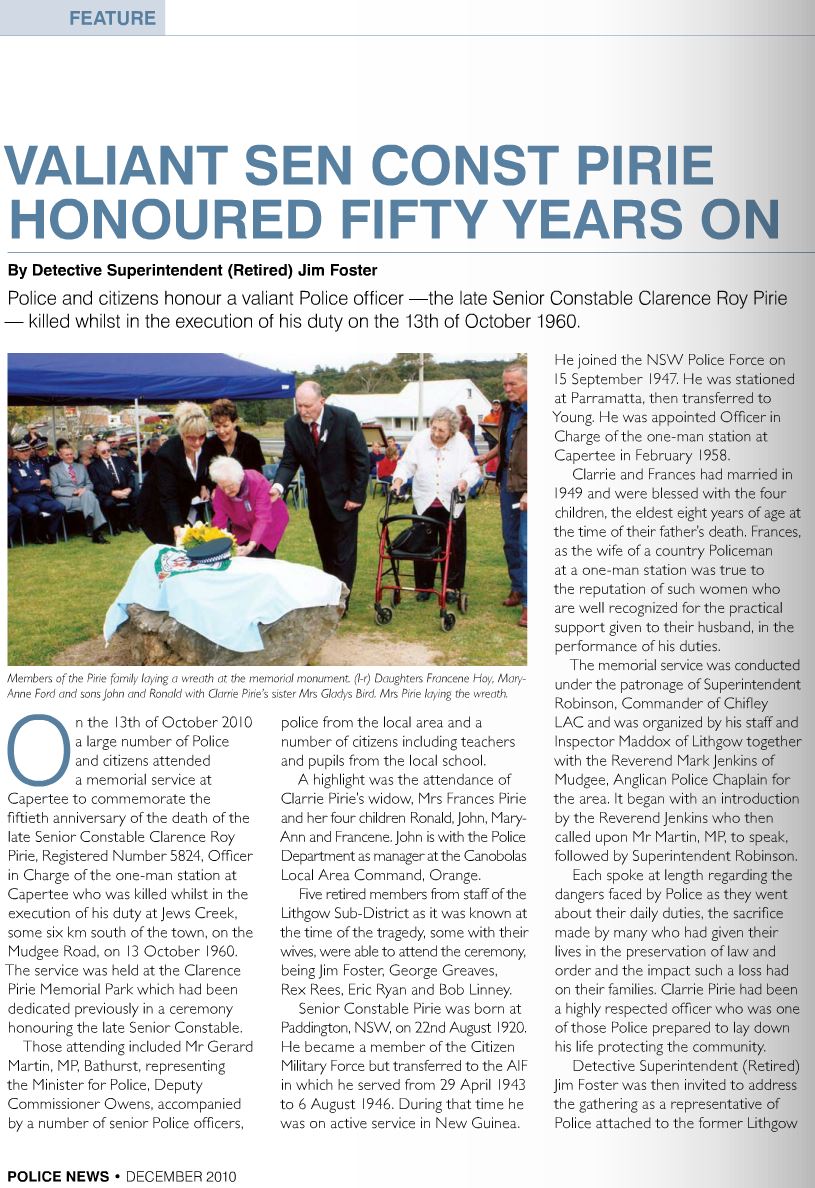 Clarence Pirie - NSWPF - Murdered 1960 - 50 years on - page 22 - Policenews - Dec 2010