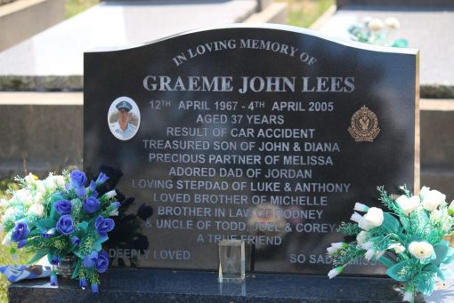 https://www.findagrave.com/memorial/177398216/graeme-john-lees/photo Graeme John LEES, Graeme LEES. INSCRIPTION: In Loving Memory of Graeme John LEES 12th April 1967 - 4th April 2005 Aged 37 years Result of car accident Treasured son of John & Diana Precious partner of Melissa Adored Dad of Jordan Loving Stepdad of Luke and Anthony Loved Brother of Michelle Brother in Law of Rodney & Uncle to Todd, Joel & Corey. A True Friend. Deeply Loved. So Sadly Missed.