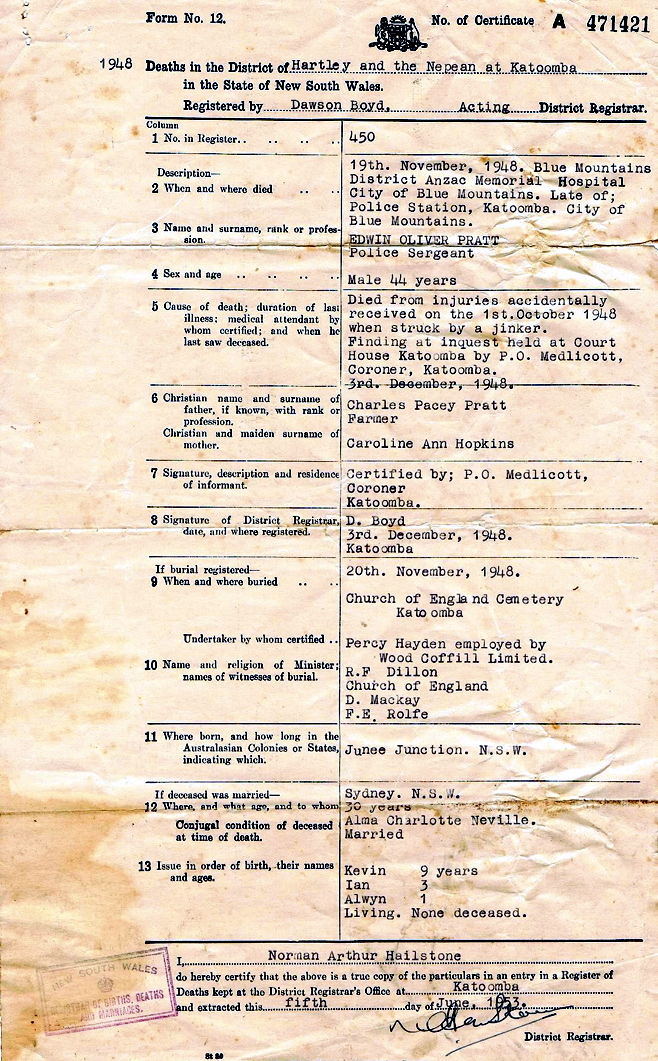 Death Certificate of Edwin Oliver PRATT