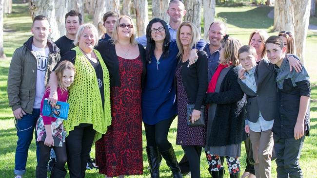 http://www.dailytelegraph.com.au/news/nsw/families-of-slain-officers-peter-addison-and-robert-spears-united-by-love/story-fni0cx12-1227435275075 Glenn Addison (centre back) and Jade Spears (centre front in blue) with family members of Peter Addison and Robert Spears at Crescent Head. Picture: Lindsay Moller