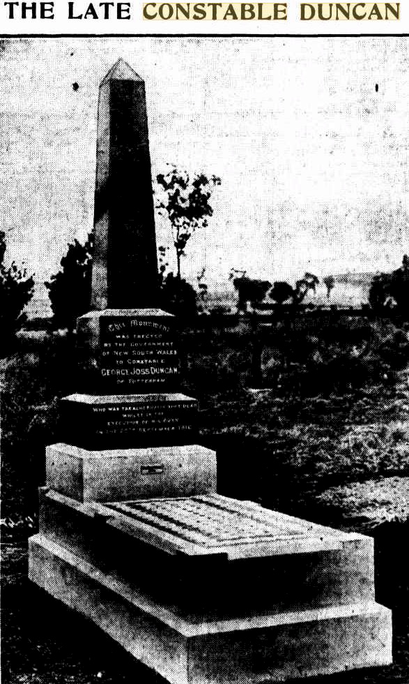 https://trove.nla.gov.au/newspaper/article/113525231 " This monument has been erected at Parkes by the Government of New South Wales to the memory of Constable Duncan, who was murdered at Tottenham while in the execution of his duty on September 26, 1916 "