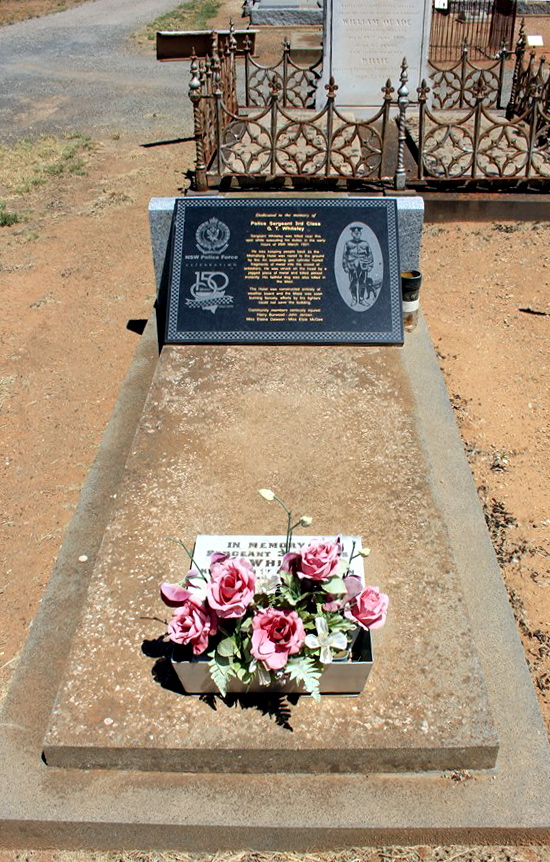 https://www.facebook.com/groups/514697128544865/permalink/1049676955046877/ INSCRIPTION: Dedicated to the memory of Police Sergeant 3rd Class G. T. Whiteley Sergeant Whiteley was killed near this spot while executing his duties in the early hours of 25th March 1931. He was keeping people back as the Momalong Hotel was razed to the ground by fire. An exploding gas cyclinder burled fragments of metal into the crowd of onlookers. He was struck on the head by a jagged piece of metal and killed almost instantly. His faithful dog was also killed in the blast. The Hotel was constructed entriely of weather board and the blaze was soon burning fiercely, efforts by fire fighters could not save the building. Community members seriously injured: Harry Burwood - John Jensen - Miss Elaine Dawson - Miss Elsie McGee