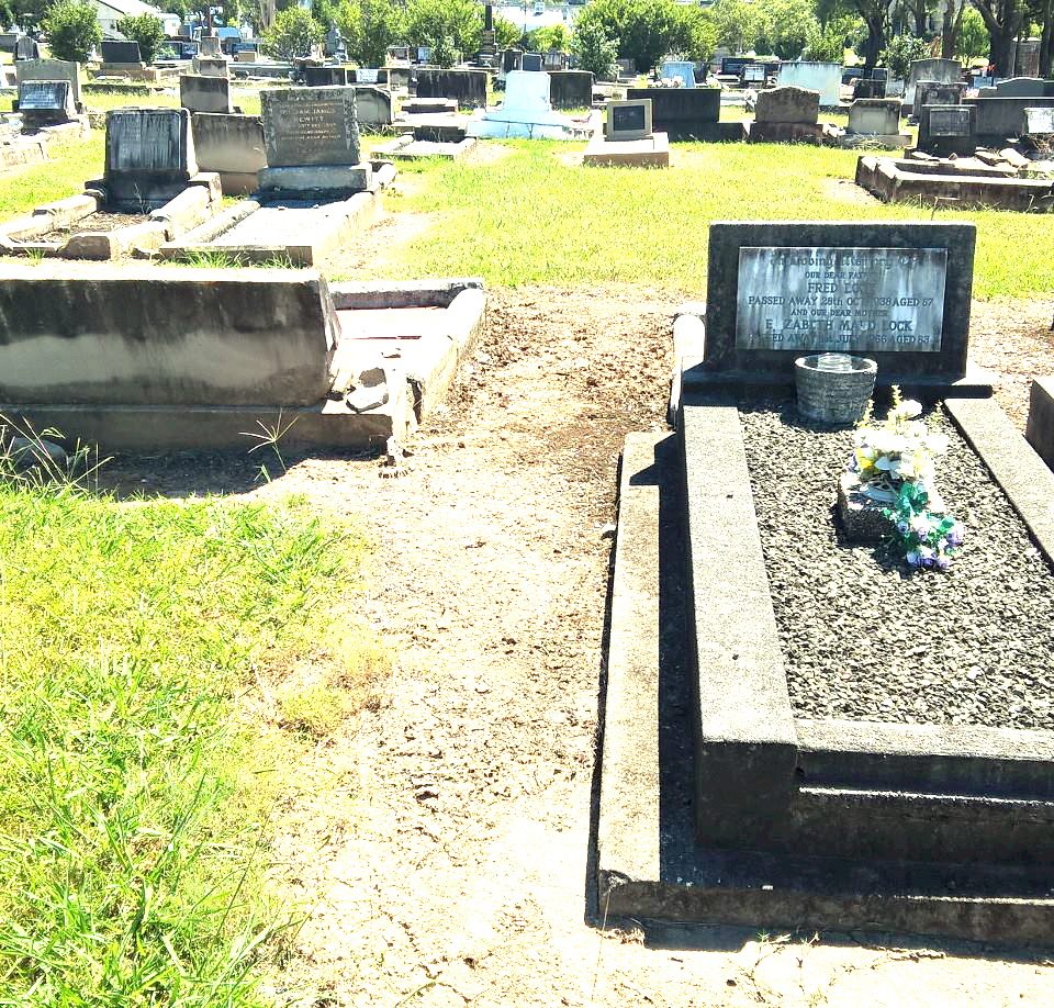 The burial site of the late Harold William Sturgiss, unfortunately his burial site of Plot 14 is unmarked, the monument next to his burial site is Elizabeth and Frederick Lock, Plot 13, Row AB, Anglican 1 Section.<br /> In the photo, his burial site is to the left of the Lock Monument.<br />
