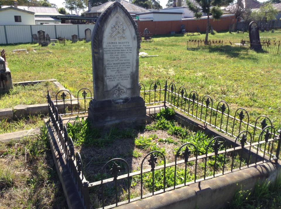 As seen by Col Colman on Friday 28 August 2020 Col Colman Also visited St. Stephens. Anglican Church High Street Penrith and the Cemetery at the rear to visit the grave site of Police Officer James Beatty. Site was cleaned in 2012 by Police and Penrith Council and is in reasonable condition did a little weeding.