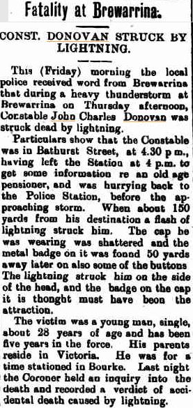 The Yackandandah Times ( Vic. ) Friday 13 January 1922 page 1 of 4 http://trove.nla.gov.au/ndp/del/article/144784091 John Charles DONOVAN - Killed by lightning 12 Jan 1922 - Newspaper article 1