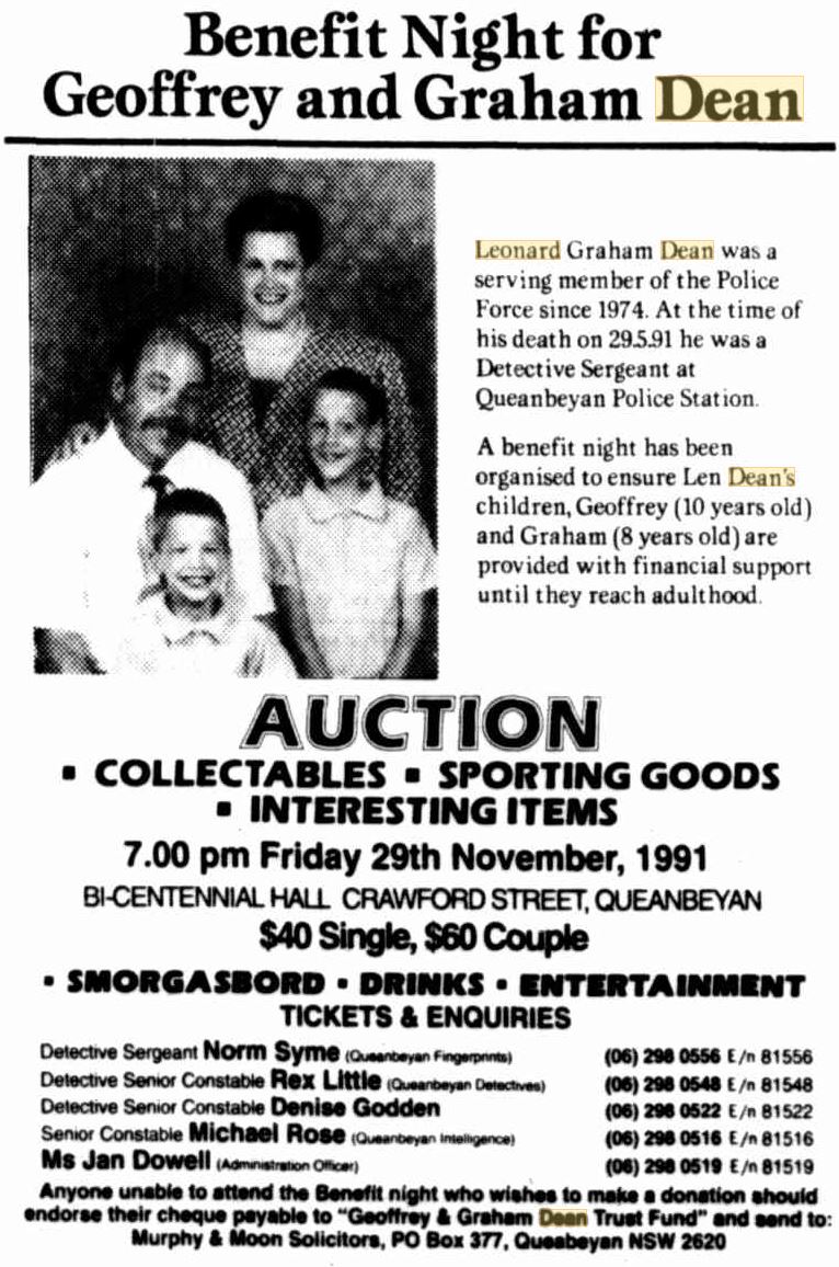 http://trove.nla.gov.au/newspaper/article/122392260 Benefit Night for Geoffrey DEAN & Graham DEAN