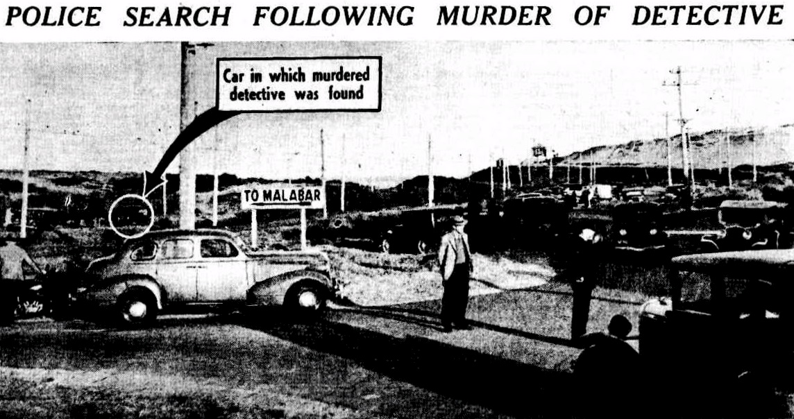 http://trove.nla.gov.au/ndp/del/page/995837 ABOVE: The scene at Matraville yesterday afternoon when a police cordon was thrown around the area in a search for two men who escaped from the police car ( indicated by circle ) in which Detective-Constable Victor Ahearn was killed.