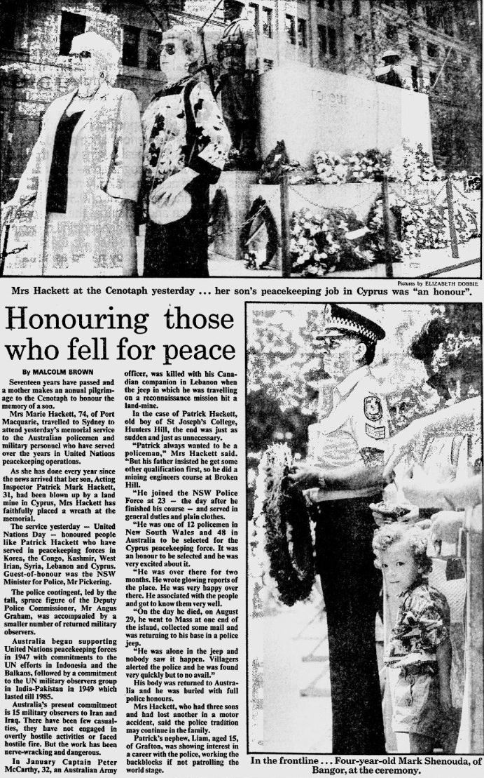 https://news.google.com/newspapers?nid=lL5f5cZgq8MC&dat=19881025&printsec=frontpage&hl=en Patrick HACKETT - Mother at Cenotaph - 1988
