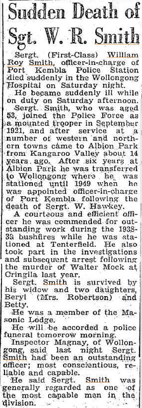 Illawarra Daily Mercury ( Wollongong ) Monday 3 September 1951 page 2 of 10 William Roy SMITH - NSWPF - Died 010951 - Death notice 1