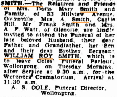 William Roy SMITH - NSWPF - Died 010951 - Funeral notice 1