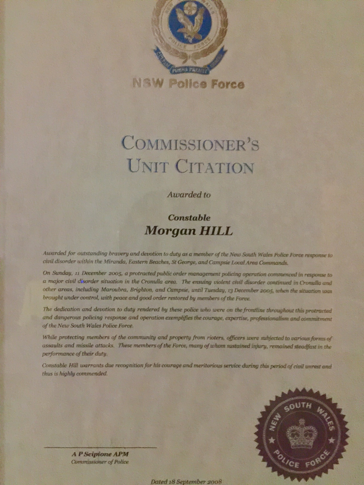 Morgan Hill - Commissioners Unit Citation re 2005 Cronulla Riots