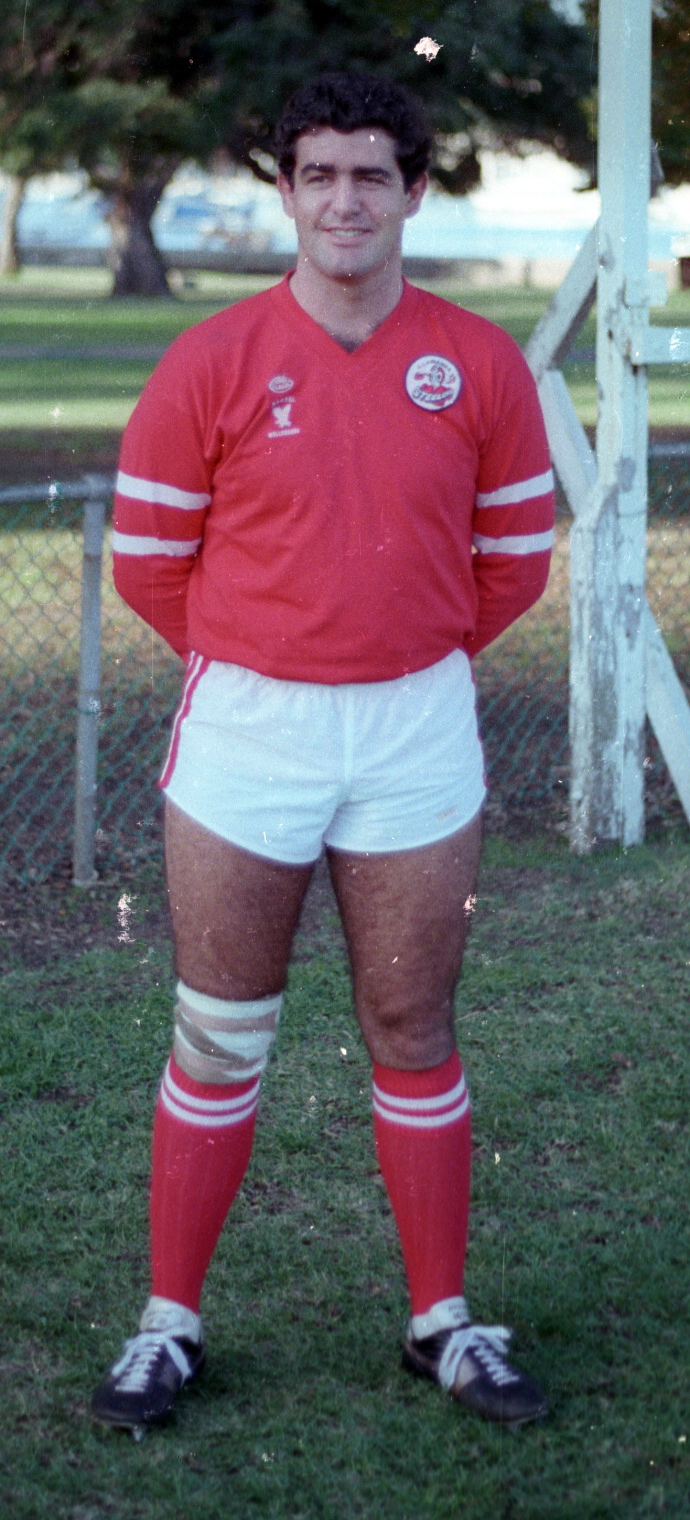 Photo by Greg Callander POLICE FOOTBALL AT ROSE BAY. CONSTABLE PAT CARNEY, WOLLONGONG POLICE. 20 APRIL 1983