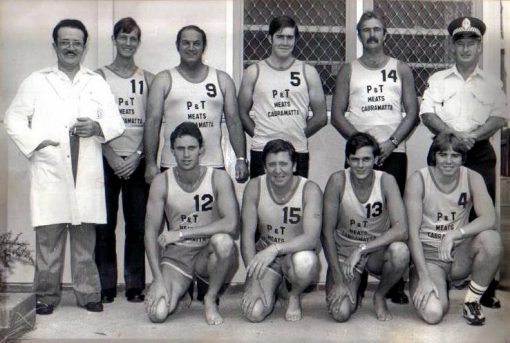Cabramatta Police Station with some of the staff: Back Row ( L-R) ? ( a butcher ), ?, Roger Bergamin, Rob Francis, John Mills, Ned Woolaston Front row Mich van der Velde, Gary Heskett, Steve Konemann, ? circa 1982