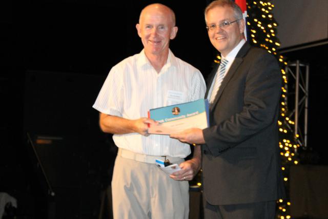 Ken McMillan receiving the Cook Community Award, 2013, from the Hon. Scott Morrison MP http://www.scottmorrison.com.au/album/cook-community-awards-2013