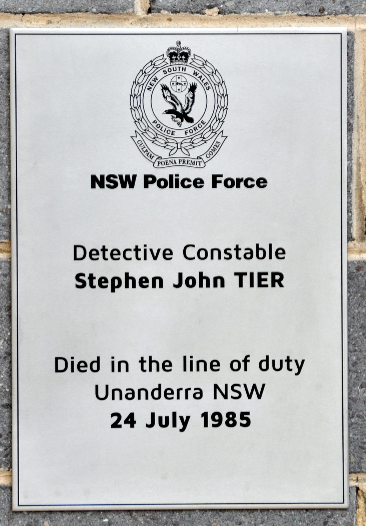 NSW Police Force Detective Constable Stephen John TIER Died in the line of duty. Unanderra, NSW 24 July 1985
