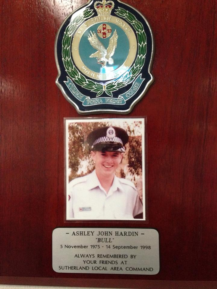 Plaque in the Muster Room of Sutherland Police Station in memory of Ashley John HARDIN