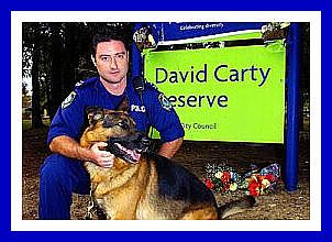 Police Dog CARTS & Senior Constable Dave WILLIAMS at David Carty Reserve, at the corner of Horsley Drive and Fairfield St, Fairfield.