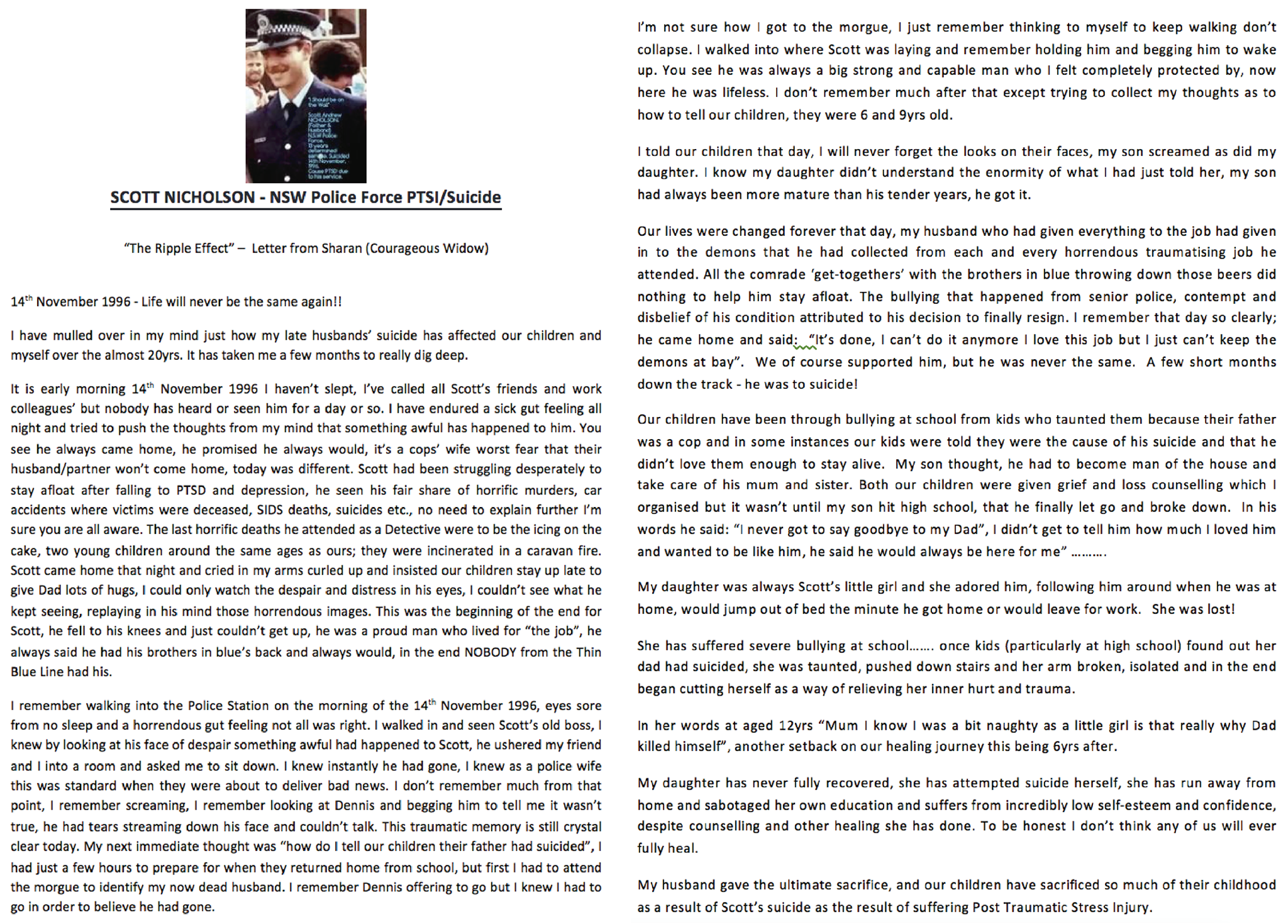 Scott Nicholson - NSW Police Force PTSI / Suicide