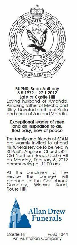 Sean Anthony BURNS - NSWPF - Suicide 27 January 2012 - obituary
