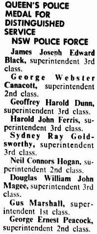 Canberra Times Saturday 31 December 1977 p 13 of 22 Queen's Police Medal for Distinguished Service NSW Police Force Harold John Ferris, superintendent 3rd class