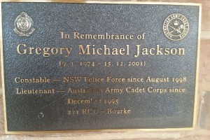 Gregory Michael JACKSON memorial plaque on the front wall of Bourke Police Station.