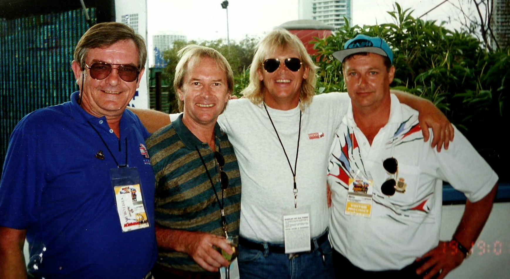 Ziggy Stengelis, Glenn Wheatley, John Farnham and Shaun Edwards at the Indy Grand Prix on the Gold Coast, Qld,1994. The four of us spent three days and two nights together....what a trip!