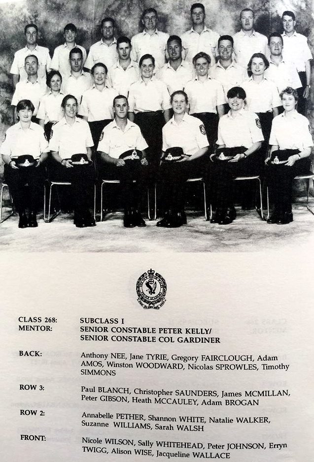 NSW POLICE 1997. ATTESTED 16 May 1997 CLASS 268: SUBCLASS 1 MENTOR: SENIOR CONSTABLE PETER KELLY, SENIOR CONSTABLE COL GARDINER BACK ROW: ANTHONY NEE, JANE TYRIE, GREGORY FAIRCLOUGH ( Dec ), ADAM AMOS, WINSTON WOODWARD, NICOLAS SPROWLES, TIMOTHY SIMMONS ROW 3: PAUL BLANCH, CHRISTOPHER SAUNDERS, JAMES McMILLAN, PETER GIBSON, HEATH McCAULEY, ADAM BROGAN ROW 2: ANNABELLE PETHER, SHANNON WHITE, NATALIE WALKER, SUZANNE WILLIAMS, SARAH WALSH FRONT: NICOLE WILSON, SALLY WHITEHEAD, PETER JOHNSON, ERRYN TWIGG, ALISON WISE, JACQUELINE WALLACE