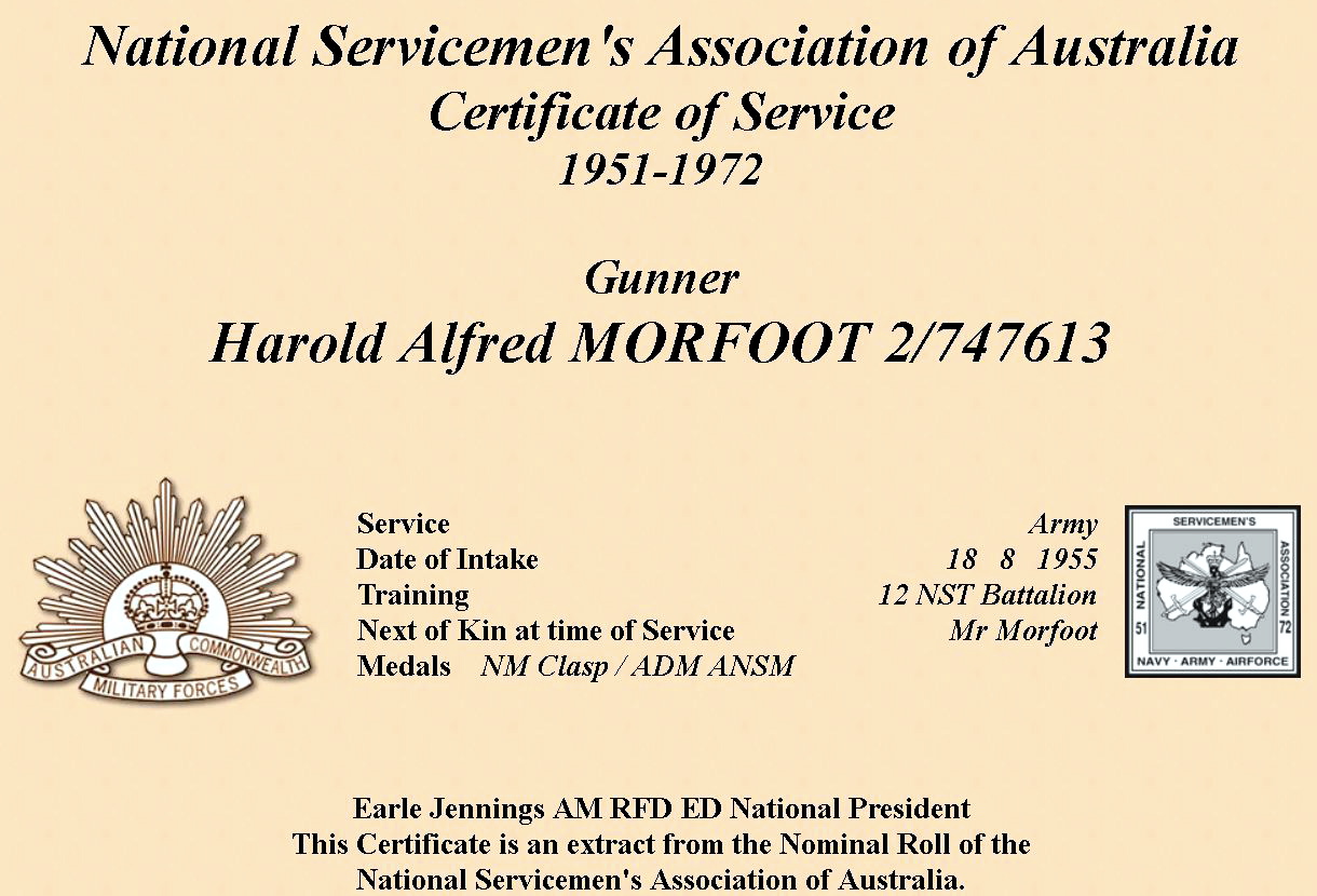 http://www.nashonomroll.org/f_certificate.asp?NominalRollID=2994 National Servicemen's Association of Australia Certificate of Service 1951 - 1972 Gunner Harold Alfred MORFOOT 2/747613 Serice: Army Date of Intake: 18 8 1955 Training 12 NST BattalionNext of Kin at time of Service Mr Morfoot Medals: NM Clasp / ADM ANSM Earle jennings AM FRD ED National president This Certificate is an extract from the Nominal Roll of the National Servicemen's Association of Australia.
