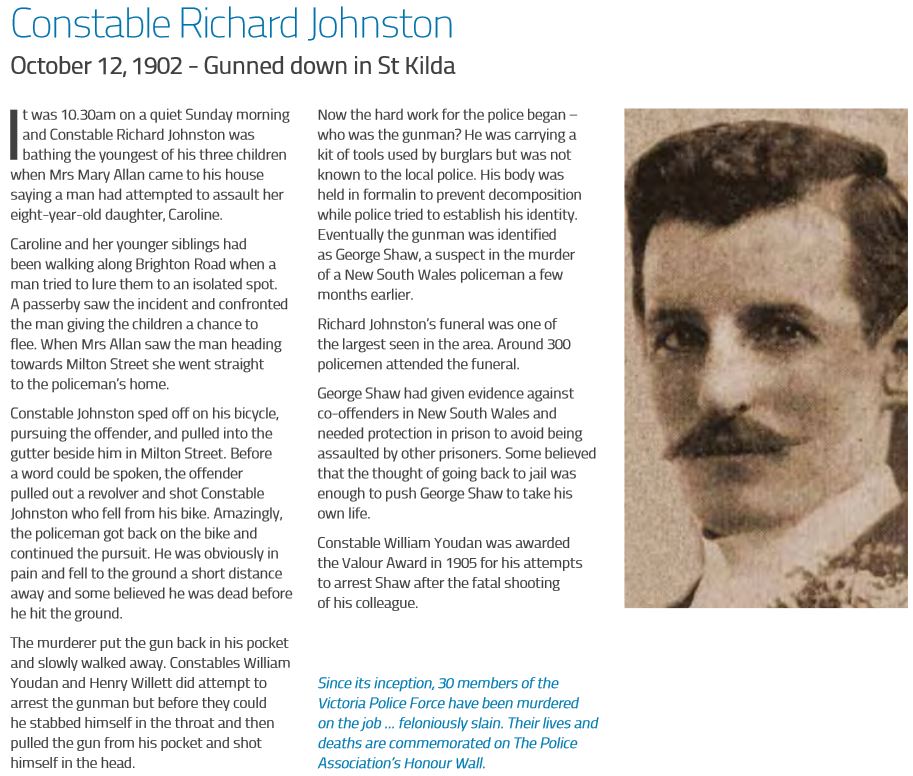 http://www.tpav.org.au/_documents/Journals/2011/4ccf3455-18d6-45c1-8f57-4a53acbba84e/TPAV_Journal_March_2011.pdf Richard JOHNSTON - VICPOL - Murdered 12 Oct 1902