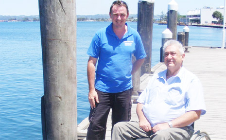 LANCE FERRIS WHARF: Ballina’s mayor, Cr Phillip Silver, (right) with acting general manager of Australian Seabird Rescue, Keith Williams, announcing the naming of the wharf at Fawcett Park as the Lance Ferris Wharf.