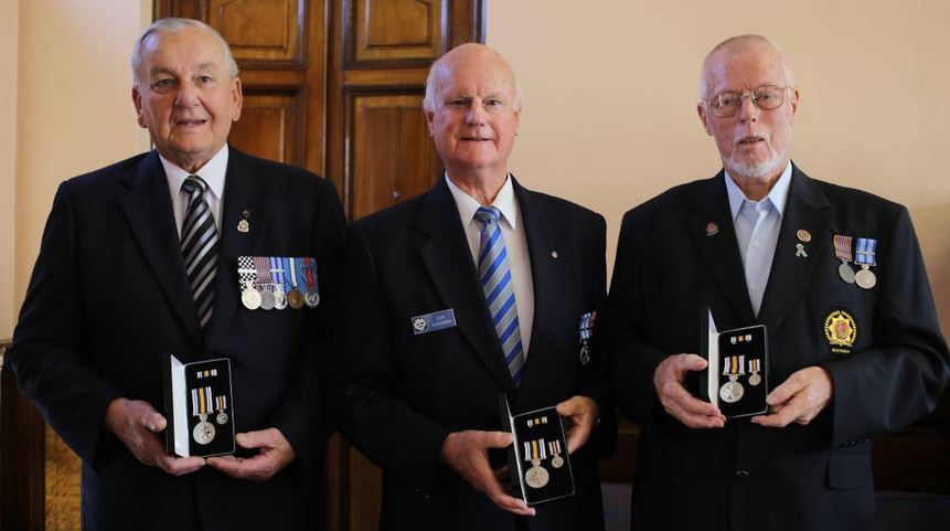 http://www.goulburnpost.com.au/story/3688697/retired-policemen-honoured-for-service-photos/#slide=1 HONOURED: Ray Strong, Ian Radford and Robert Munday were celebrated for their services to policing with the medals.