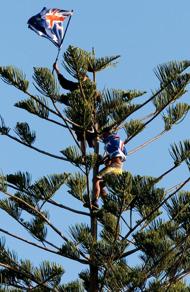 Men fly the flag up a tree at Cronulla before the riots kicked off. Picture: Craig Greenhill