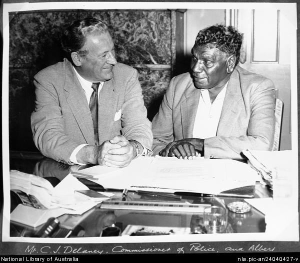 http://nla.gov.au/nla.pic-an24040427 Albert Namatjira with C.J. Delaney, Commissioner of N.S.W. Police sharing a conversation