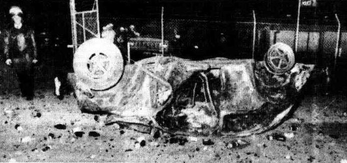 http://trove.nla.gov.au/newspaper/article/116377063/12938147 The burnt-out remains of the Volkswagen which was rolled against the police compound by motor-cyclists at the beginning of the riot on Saturday night.