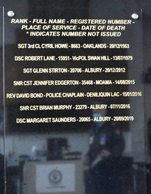 Murray River RFPA and Murray River Police District have been working together for some time to establish a memorial to commemorate officers who passed whilst serving. <br /> Today the Virtual Dedication Ceremony was held and the plaque unveiled in Albury Police Station Conference Room in the Church. Many thanks to Supt Paul Smith APM MRPD Commander &amp; Paul Cole, Assistant Secretary, MR RFPA for their work together to bring about this outcome.<br /> We will remember them. Lest we forget.