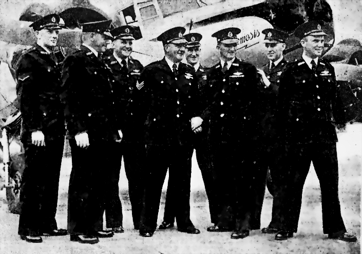 http://www.ozbadge.com/wings.html The Original 1946 NSW Police Flight or "Flying Squad" with the Avro "Nemesis". Two future NSW Police Commissioners are here: (from left to right) Senior Constable M.T. Wood (Commissioner 1977-79), Constables H.D.Johnson and D.Paul. Flight Commander, Sgt. F.J. Hanson (Commissioner 1972-1976), Detective S/C V.Murphy and Constables E.D. Baldwin and F.E. Hyland.