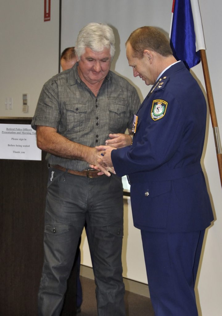 Photo by Cal THURSDAY 6 SEPTEMBER 2012 THE INAUGURAL RETIRED POLICE PIN CEREMONY AT OAK FLATS ( WARILLA ) ( LAKE ILLAWARRA ) POLICE STATION. RETIRED POLICE RECEIVING THEIR PINS AS A MARK OF RESPECT FOR THE COMMITMENT TO POLICING SERVICE TO THE COMMUNITY OF NSW. with Bernie 'Deputy' Doyle and WAYNE STARLING.