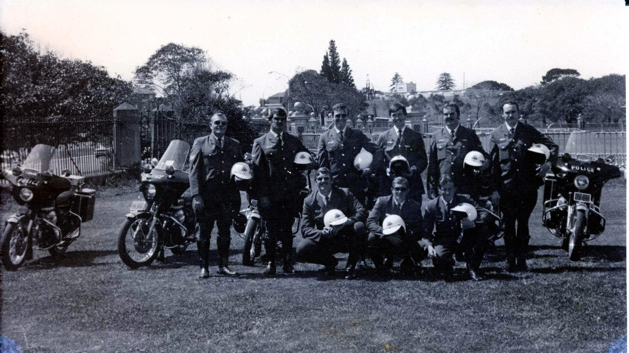 The cyclists from Waverley about 1972-73.<br /> From left: Sgt Ron Thompson (RIP The best!) Johnny Andrews, Chris Bult, Dana Jennings, Ian Granland, Peter Moffitt,<br /> (front row) Alan Ring, Gary Luff and Johnny Murphy<br /> Photo taken at Centennial Park, on top of the old water tank - just off Oxford St, Paddington.