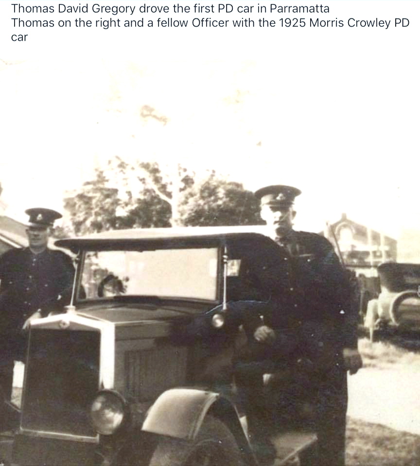 Thomas David Gregory drove the first PD car in Parramatta. Thomas on the right and fellow Officer with the 1925 Morris Crowley PD car.