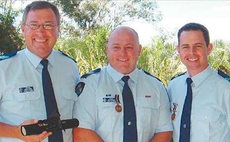 https://www.themorningbulletin.com.au/news/brave-officers-hailed/210591/<br /> Deserving recipients of bravery awards at Wednesday's ceremony are (from left) Sergeant Owen Harms, Sergeant Jonathon Edwards and Sergeant Michael Phillips.<br /> Photo supplied