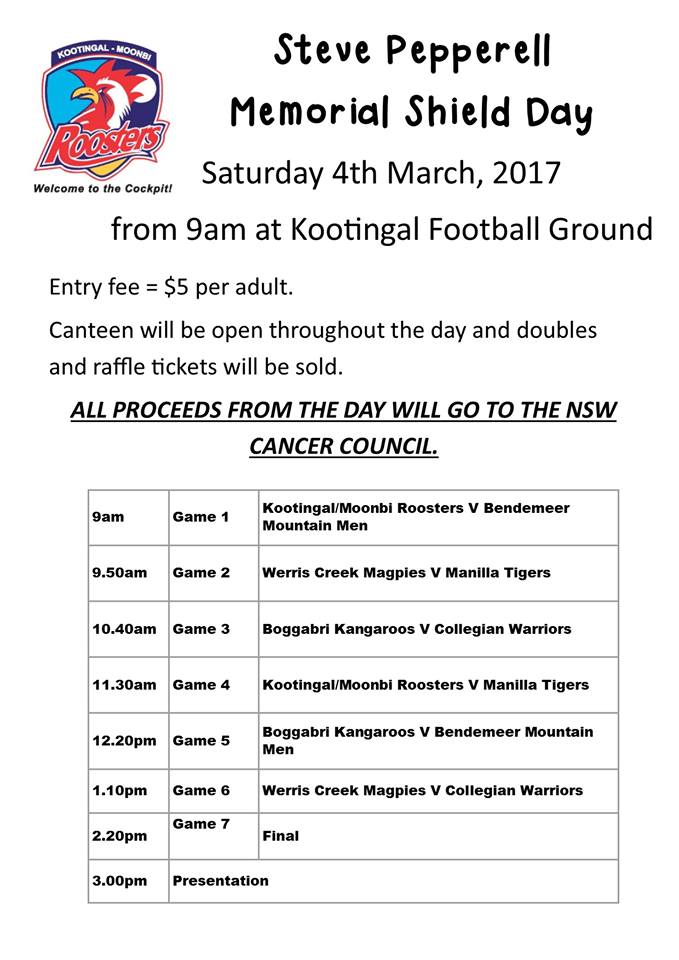 https://www.facebook.com/Kootingal-Moonbi-Rugby-League-Football-Club-530082650497428/ 2017 Steve Pepperell Memorial Shield Day