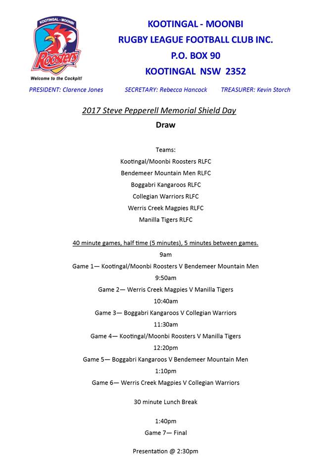https://www.facebook.com/Kootingal-Moonbi-Rugby-League-Football-Club-530082650497428/ 2017 Steve Pepperell Memorial Shield Day