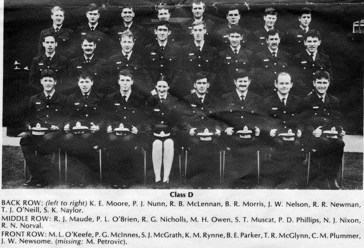 Class 159. Group D. Monday 26 June 1978. Back Row: ( L - R ) K.E. MOORE, P.J. NUMM, R.B. McLENNAN, B.R. MORRIS, J.W. NELSON, R.R. NEWMAN, T.J. O"NEILL, S.K. NAYLOR. Middle Row: R.J. MAUDE, P.L. O'BRIEN, R.G. NICHOLLS, M.H. OWEN, S.T. MUSCAT, P.D. PHILLIPS, N.J. NIXON, Robert N. NORVAL. Front Row: M.L. O'KEEFE, P.G. McINNESS, S.J. McGRATH, K.M. RYNNE, B.E. PARKER, Terrence Raymond McGLYNN ( R.I.P. ), C.M. PLUMMER, J.W. NEWSOME ( Missing: M. PETROVIC )