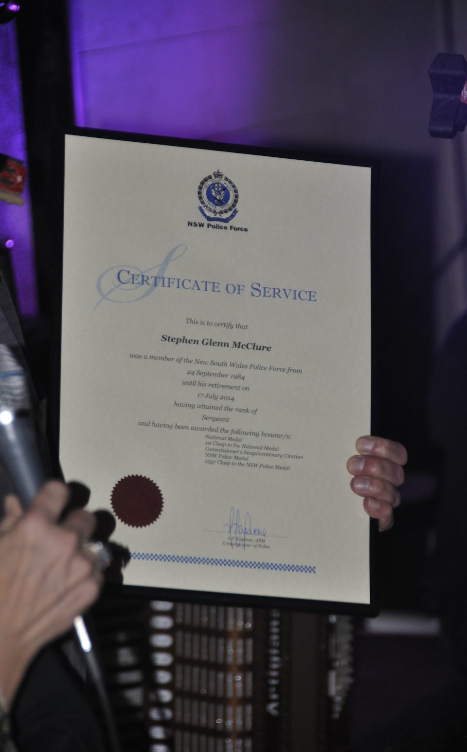 THURSDAY 18 SEPTEMBER 2014 POLICE SEND OFF FOR SERGEANT STEVE McCLURE AT THE BURDEKIN HOTEL, OXFORD ST, SYDNEY, FROM 5PM.