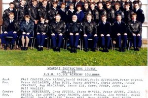 Weapons Instructors Course 1/1989 ( January 1989 ) NSW Police Academy, Goulburn Back Row ( L-R ) Phil CHARLIER, Kim FRIDAY, David WRIGHT, Gavin NICHOLSON, Peter WATSON, Peter GALLACHER, Alan PITT, Wayne HOFFMAN, Chris STONE, Peter CHAMINGS, Ray BLACKBURN, Scott IDE, Garry POWER, John LEE, Bill WHALLEY Centre Row Peter BERGERSEN, Greg SUTTON, Steve MARTIN, Peter STONE, Lindsay REGENTS, Ian LAUDER, Greg PALMER, Sonia McKELL, John ROGERS, Steve McCLURE, David MAGUIRE, Barry METZ, Dave TESTER, Paul BLOOD, Andrew NEW Front Row Tony PARSONS, Toni McMAHON, Michelle LANGERIES, Peter STARLING, Tom LUPTON, Ray JAMES, James BUNFIELD, Kerry SIMMONS, Andrew FISHER