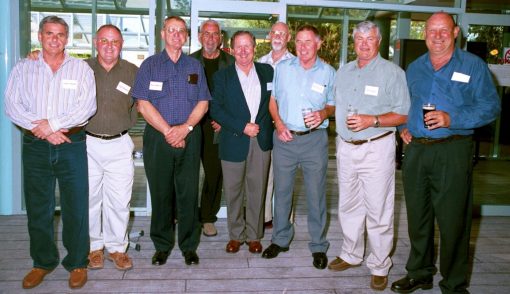 RETURN TO CABRAMATTA POLICE REUNION.<br /> STEVE PACKER, HUGH HARGREAVES, NORM TATTERSALL, BILL ESPIE, PHIL E?, ?, PETER CROUCHER, KEN ZIEGER, R. ?<br /> 6 NOVEMBER 2004