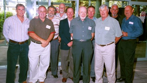 RETURN TO CABRAMATTA POLICE REUNION.<br /> STEVE PACKER, HUGH HARGREAVES, DANNY FORSTER, ?, PHIL E?, TED COMAN?, PETER CROUCHER, KEN ZIEGER, BILL ESPIE, R.?<br /> 6 NOVEMBER 2004