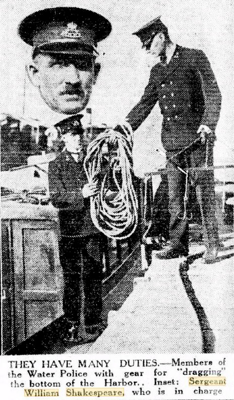 https://trove.nla.gov.au/newspaper/article/245745986 They have many Duties - Members of the Water Police with gear for " dragging " the bottom of the Harbour. Inset: Sergeant William Shakespearse, who is in charge.