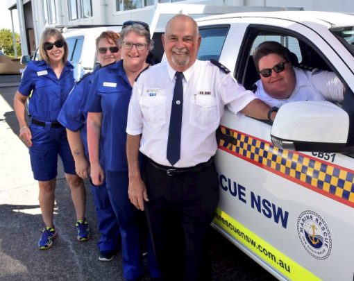 Happy days: Crowdy Harrington Marine Rescue members (left to right) Maria Seach (operations), Mary Thomas (treasurer/ administration), Susan Worsley (training officer), Leon Elelman (deputy unit commander) and Bek Brown (unit commander) after picking up their new vehicles. Photo: Rob Douglas.